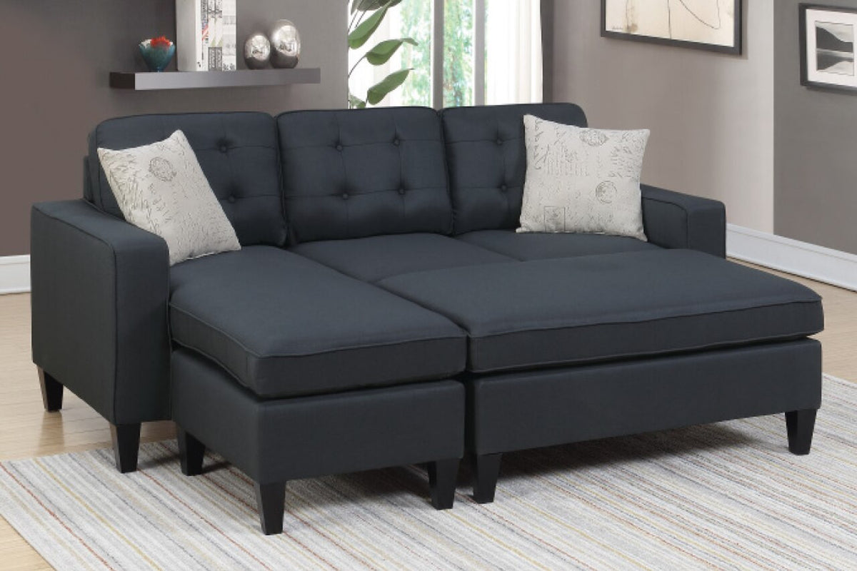 Bonnie Black Linen-Like Fabric Sectional With Ottoman