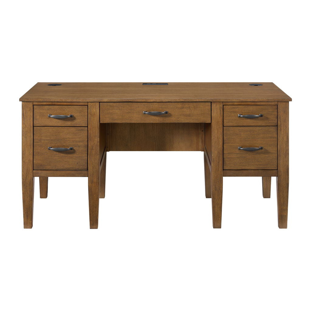 Portico - Half Pedestal Desk With Power / USB - Brown Oak