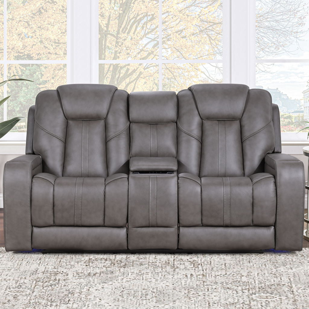 Daniel - Triple Power Leather Theater Loveseat - Gray