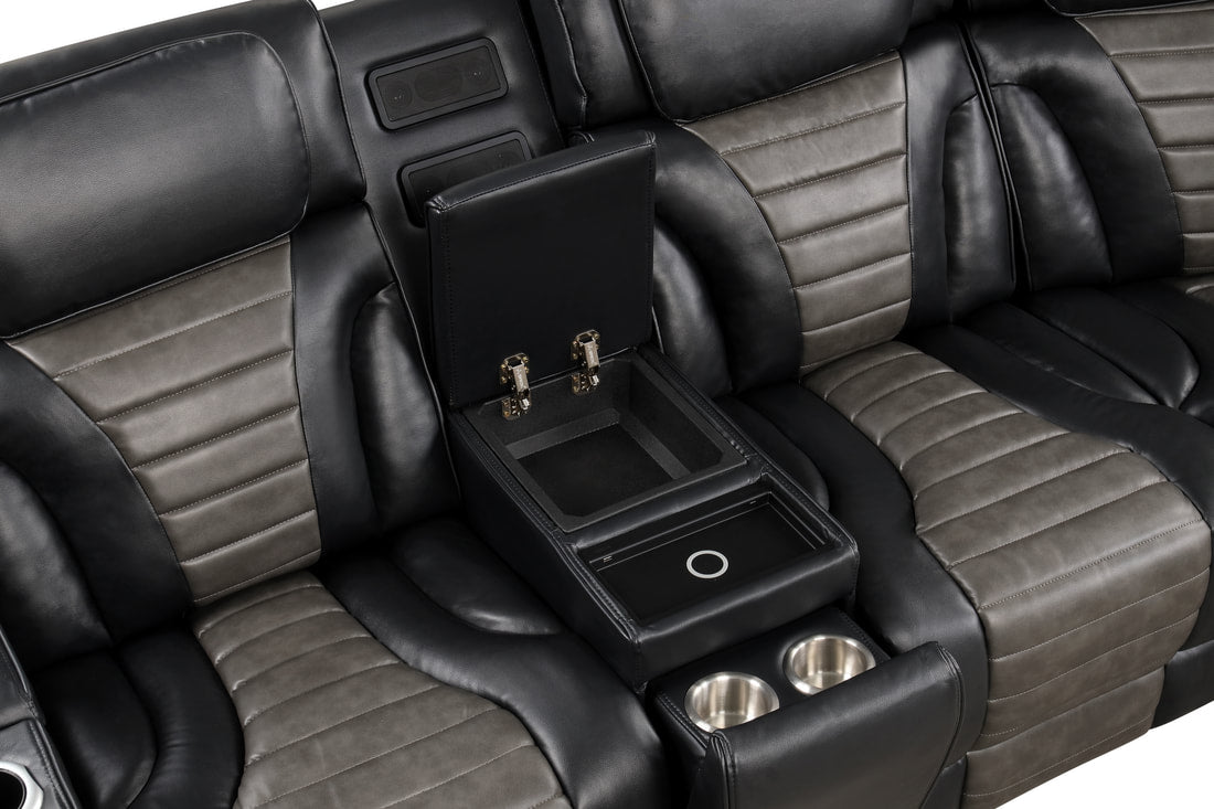 Cinema Black/Gray Power Reclining Sectional With LED & Bluetooth Speakers
