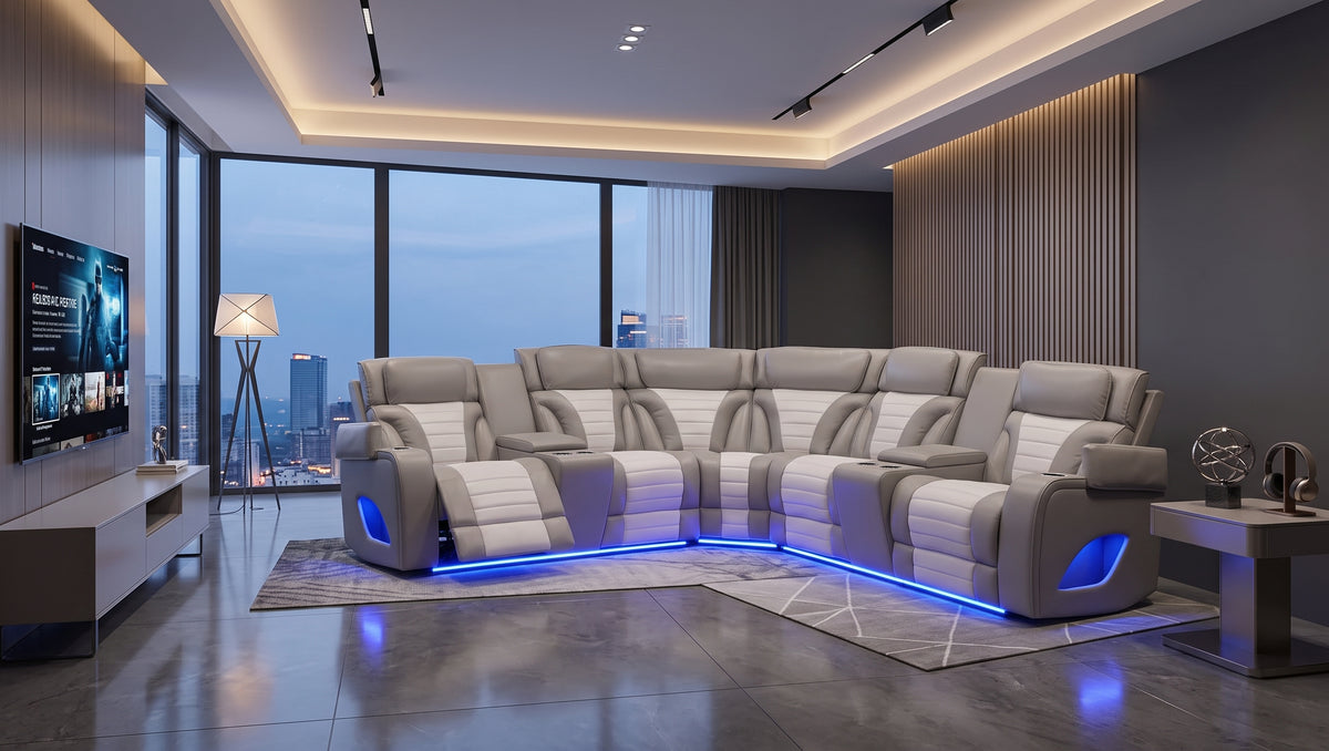 Cinema Gray/White Power Reclining Sectional With LED & Bluetooth Speakers