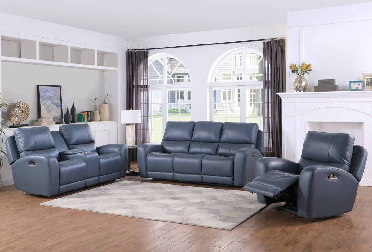 VINOVO Blue 100% Top-Grain Leather Power Reclining Livingroom with Adjustable Headrests