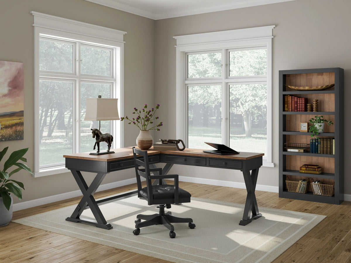 Wildenauer - 4 Pc. - Home Office Desk And Return, Swivel Desk Chair, Bookcase - Brown / Black