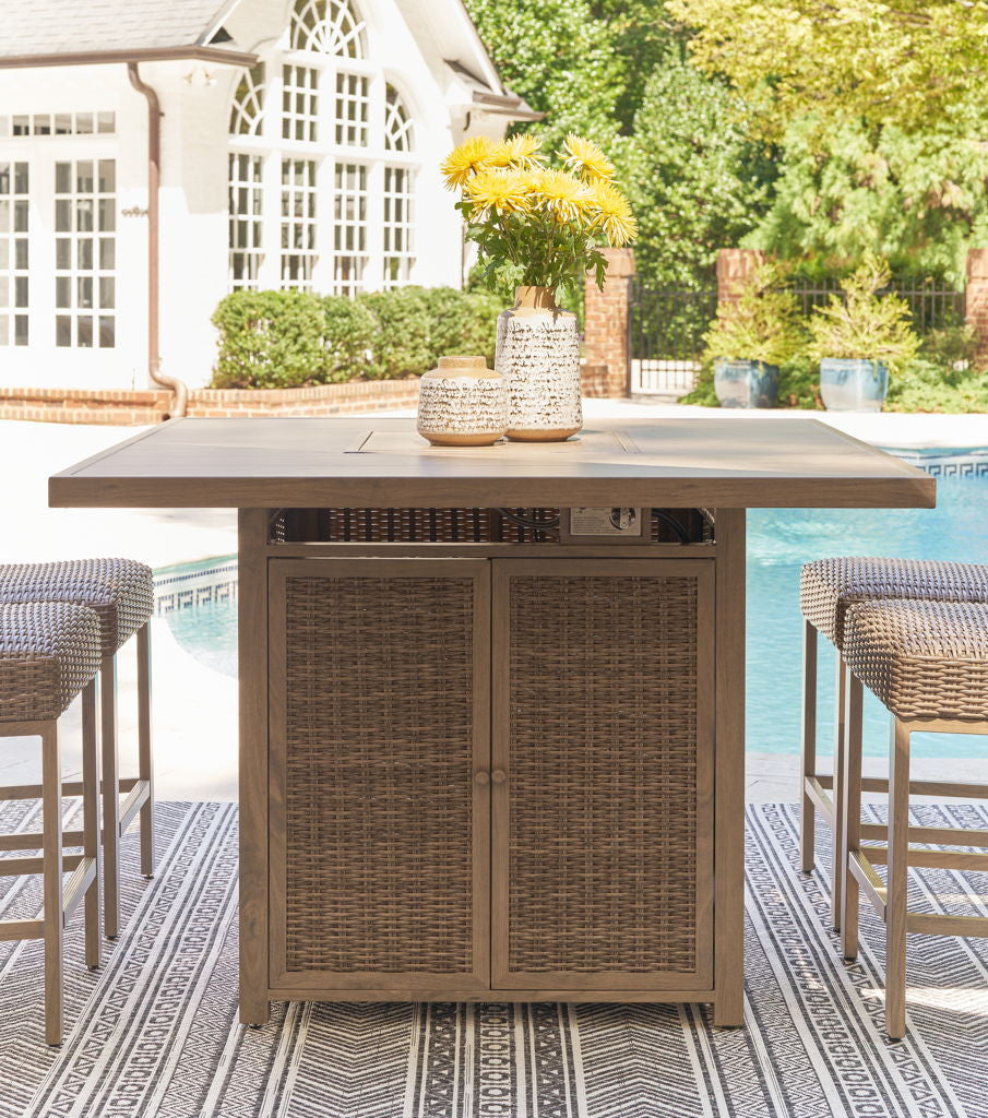 Walton Bridge - Square Bar Table W/Fire Pit - Driftwood