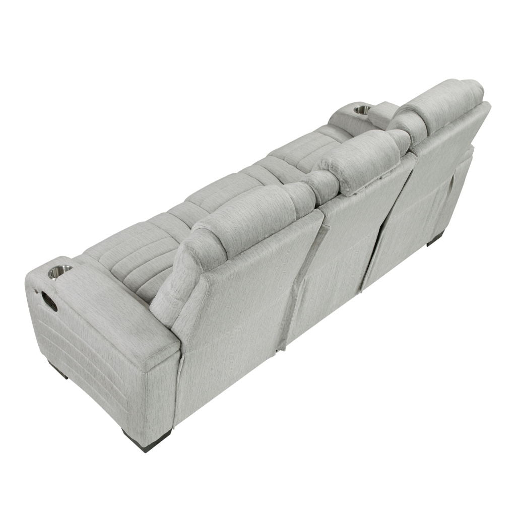 Ronan - Double Reclining Sofa With Center Drop-Down Cup Holders, Storage Arms, Cup Holders, Reading Lights, Magazine Bag, Receptacles, Charging Ports And Led - Gray