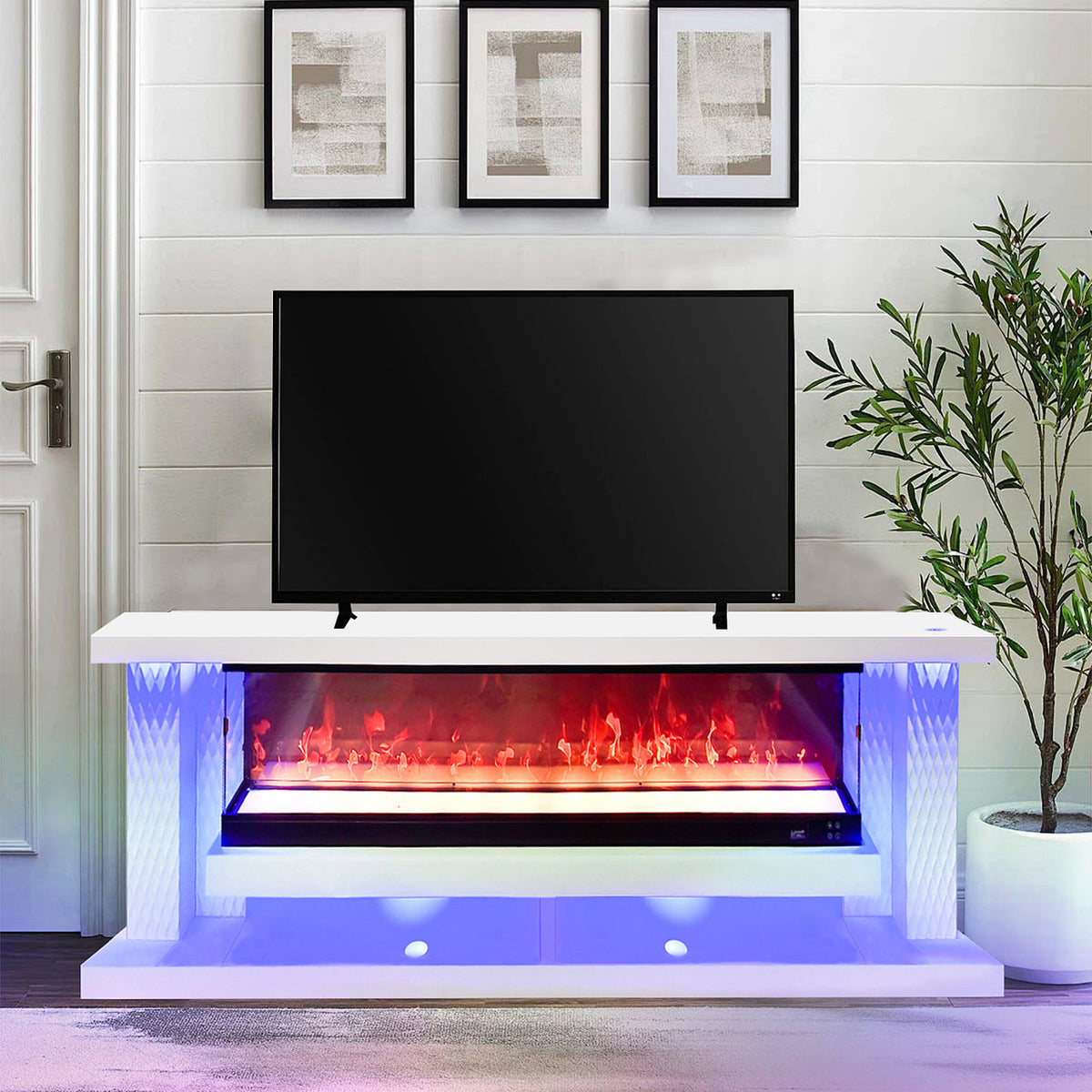 ABRUZZI White 71" Wide x 28" Height TV Stand with Fireplace & Bluetooth Speakers