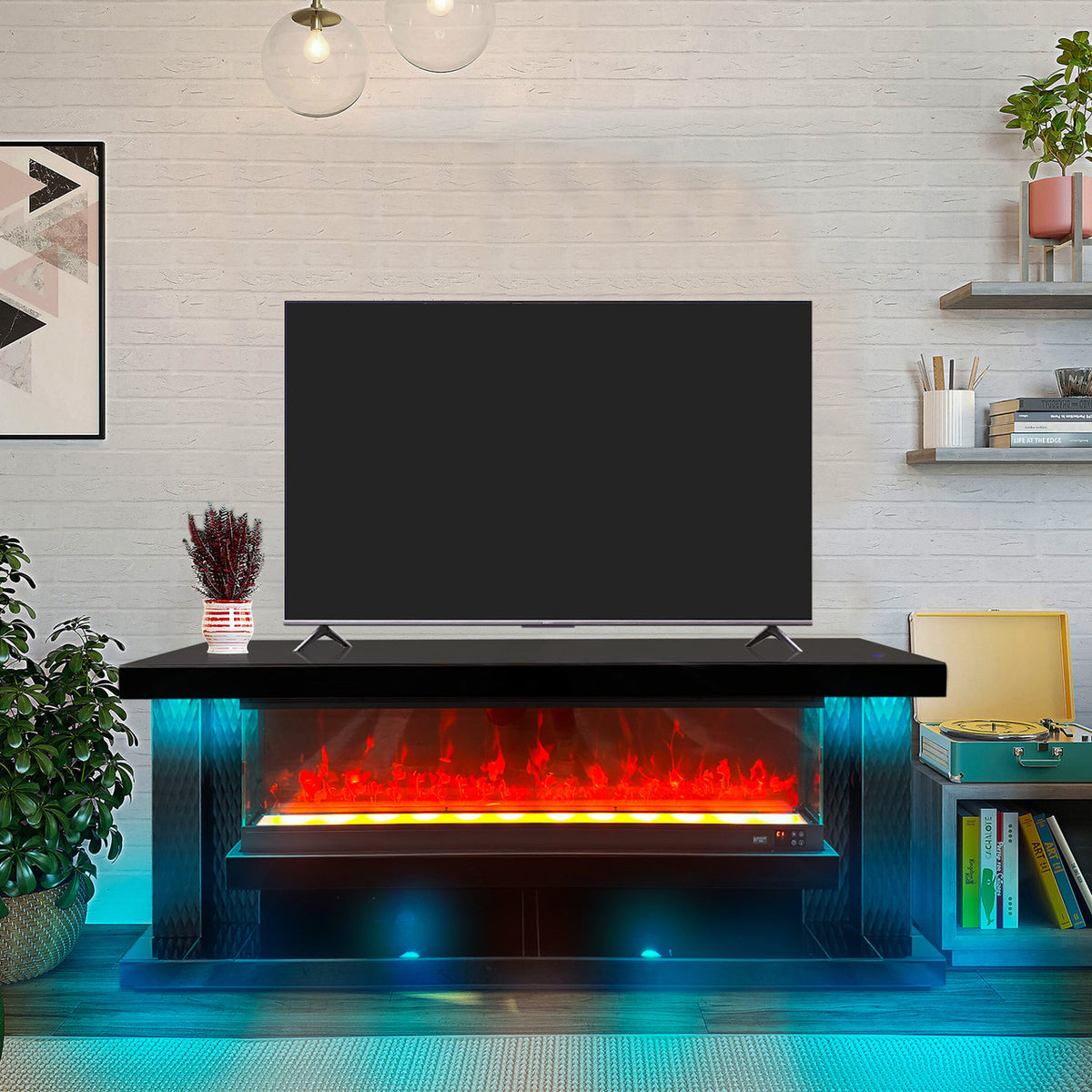 ABRUZZI Black & Mirror 71" Wide x 28" Height TV Stand with Fireplace & Bluetooth Speakers