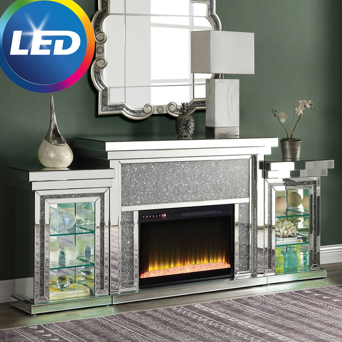 ACROPOLIS Mirrored 81" Wide Fireplace with LED Lights