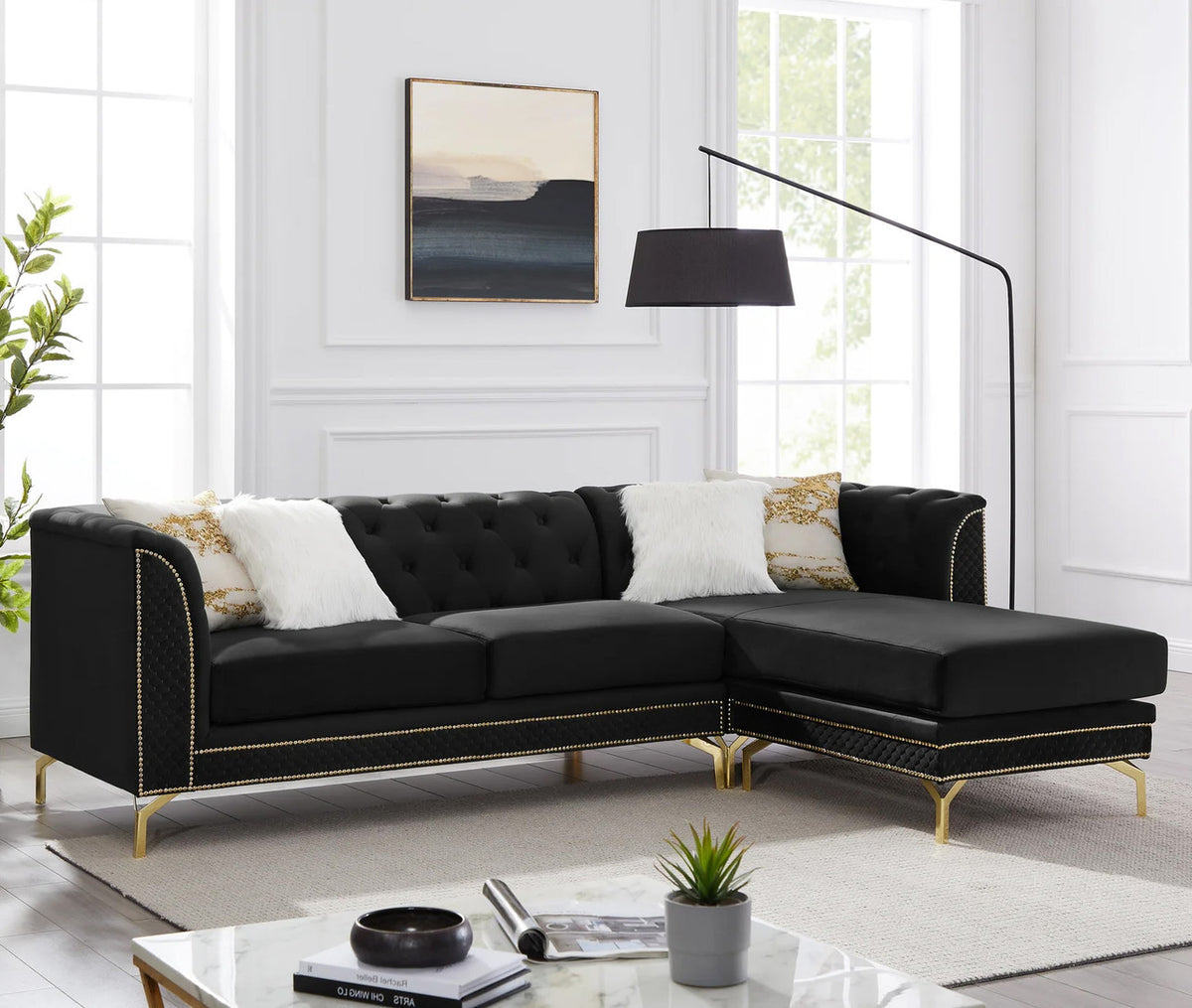 ALIZZA Black Velvet 103" Wide Reversible Sectional