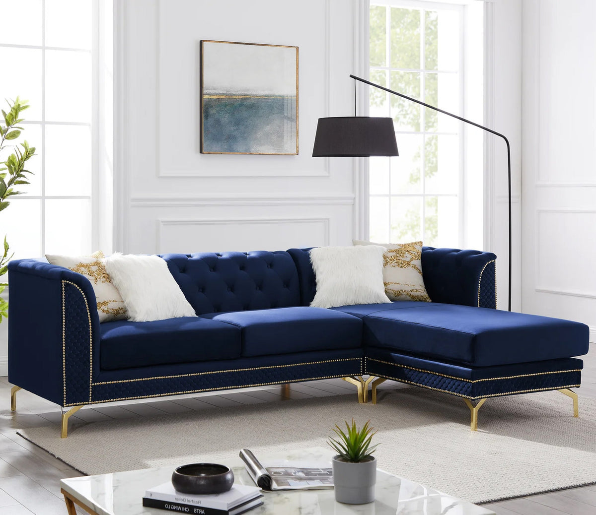ALIZZA Blue Velvet 103" Wide Reversible Sectional