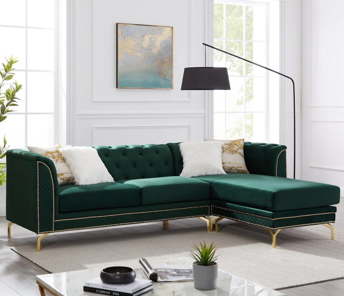 ALIZZA Emerald Green Velvet 103" Wide Reversible Sectional