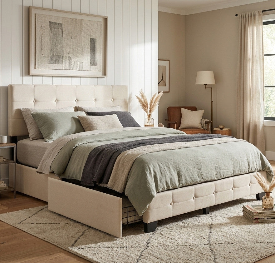 ASTURIA Beige Linen 41" Height Platform Bed with 4 Drawers