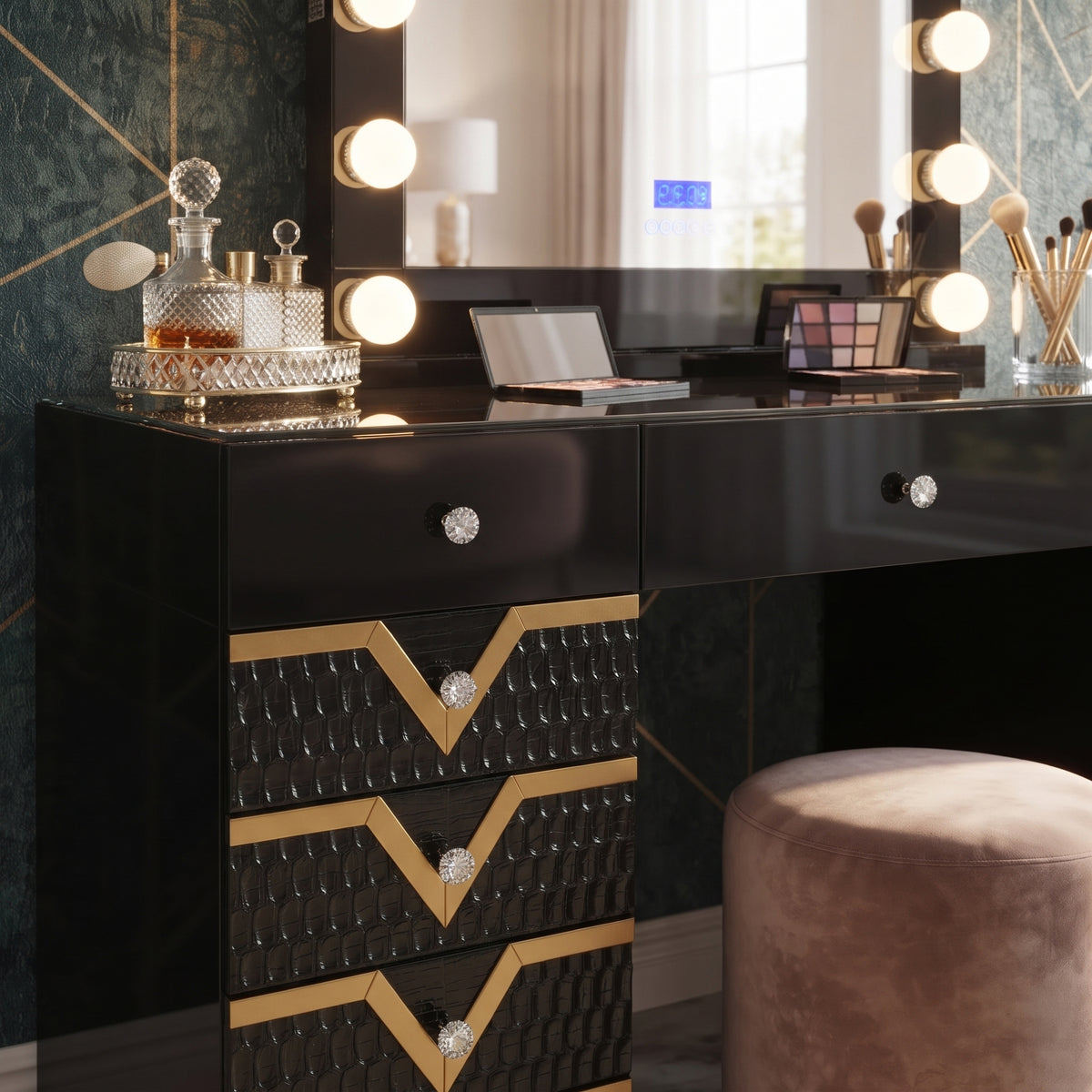 AURELIUS Glossy Black & Gold 55" Wide Vanity with Bluetooth Speakers