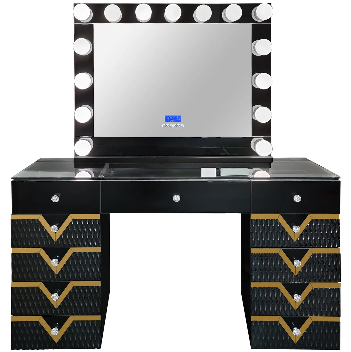 AURELIUS Glossy Black & Gold 55" Wide Vanity with Bluetooth Speakers