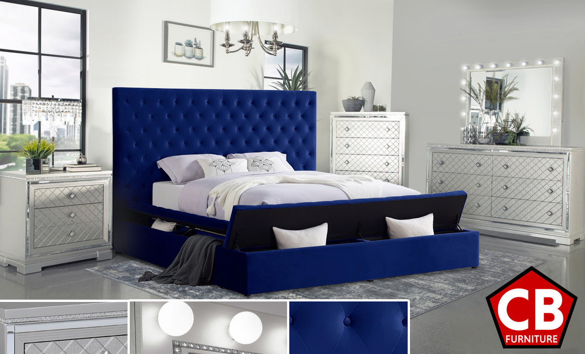 AZELL Blue Velvet Storage Bedroom Set