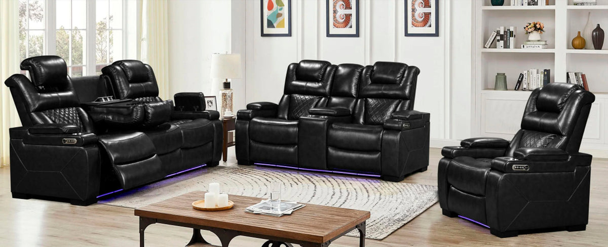WOODLAND Black 3 Piece Reclining Livingroom with LED Lighting
