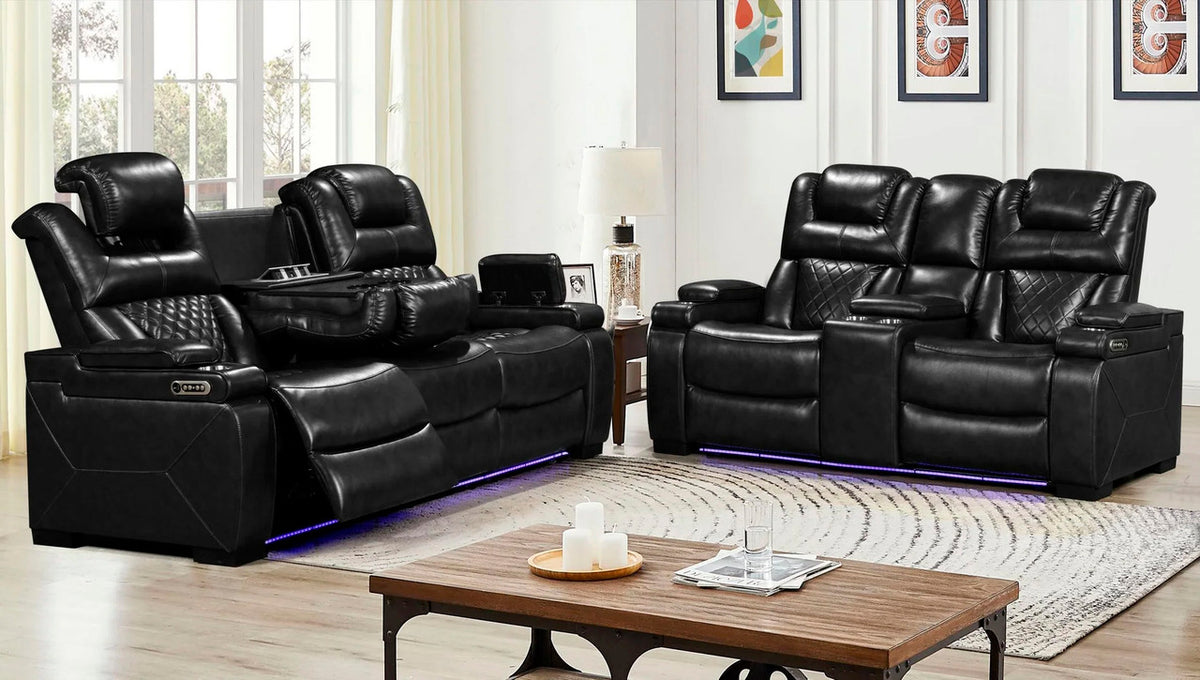 WOODLAND Black 3 Piece Reclining Livingroom with LED Lighting