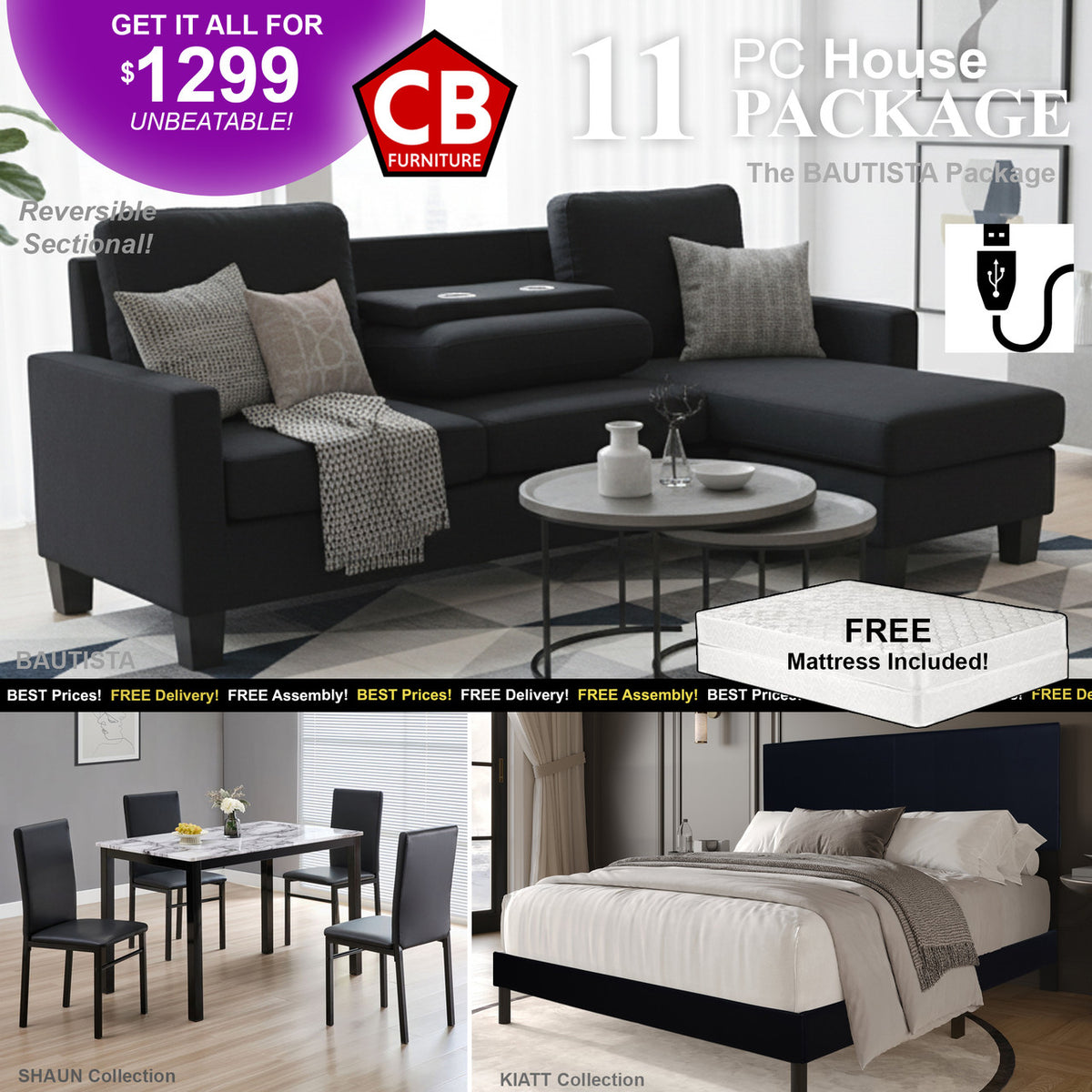 The BAUTISTA Black 12 Piece Home Furniture Package