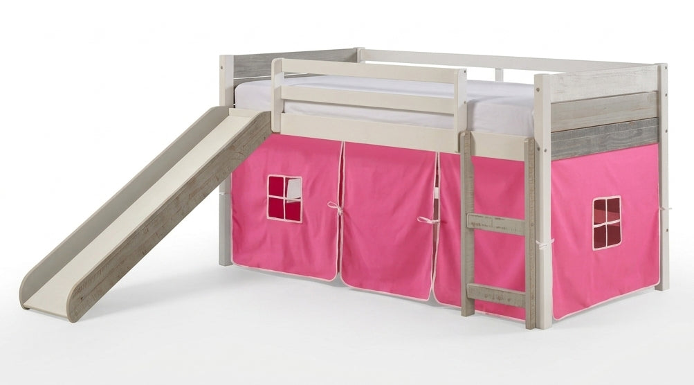 BENTON White 44" Height Twin Loft With Slide & Pink Tent