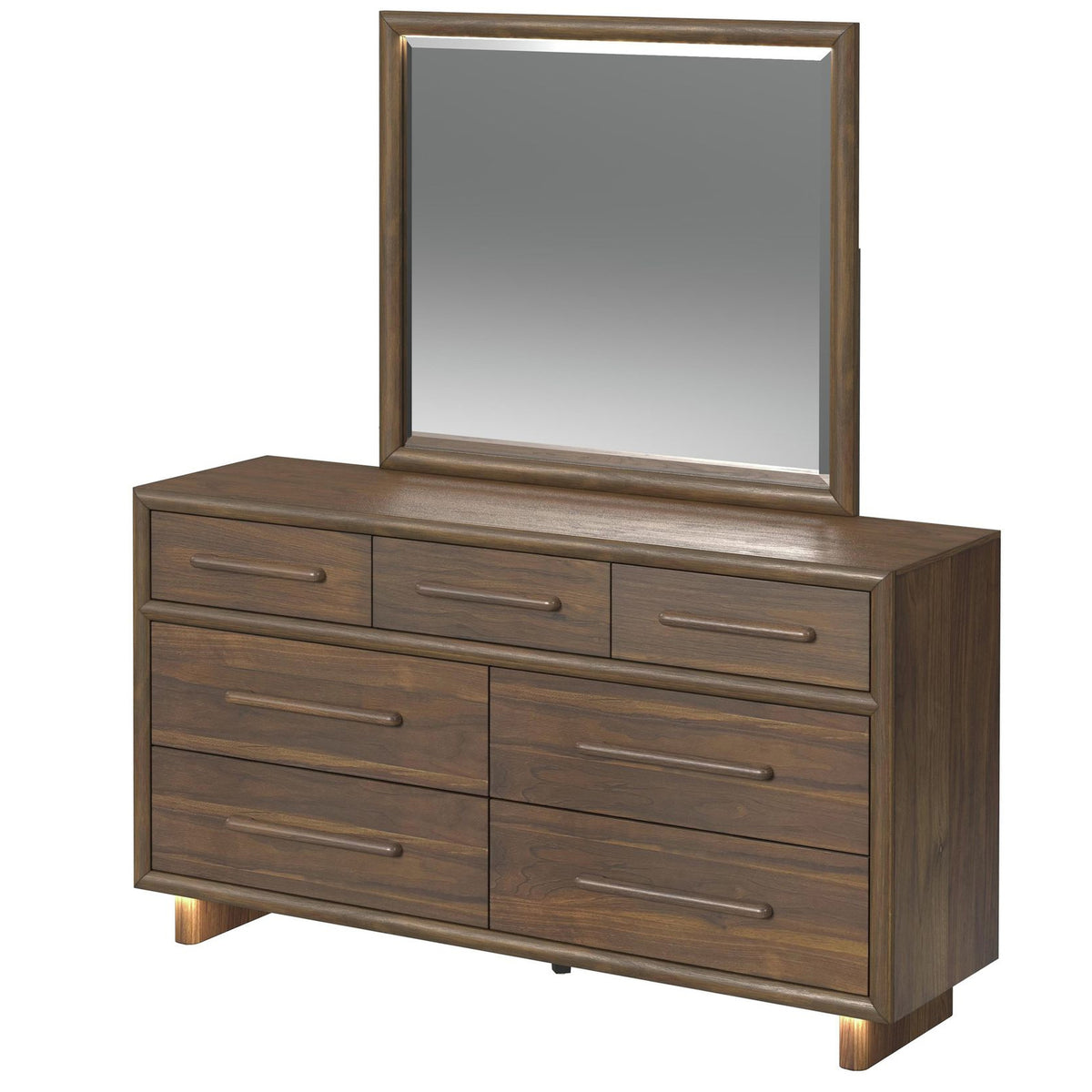 BERKLEY Walnut 65" Wide Dresser & Mirror with LED Lights