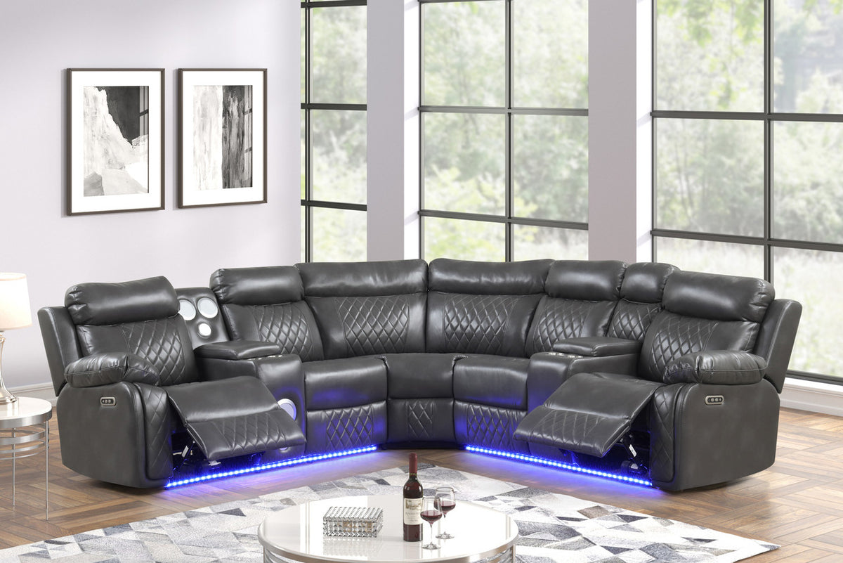 BORGNE Gray 100" Wide Power Reclining Sectional with Speakers
