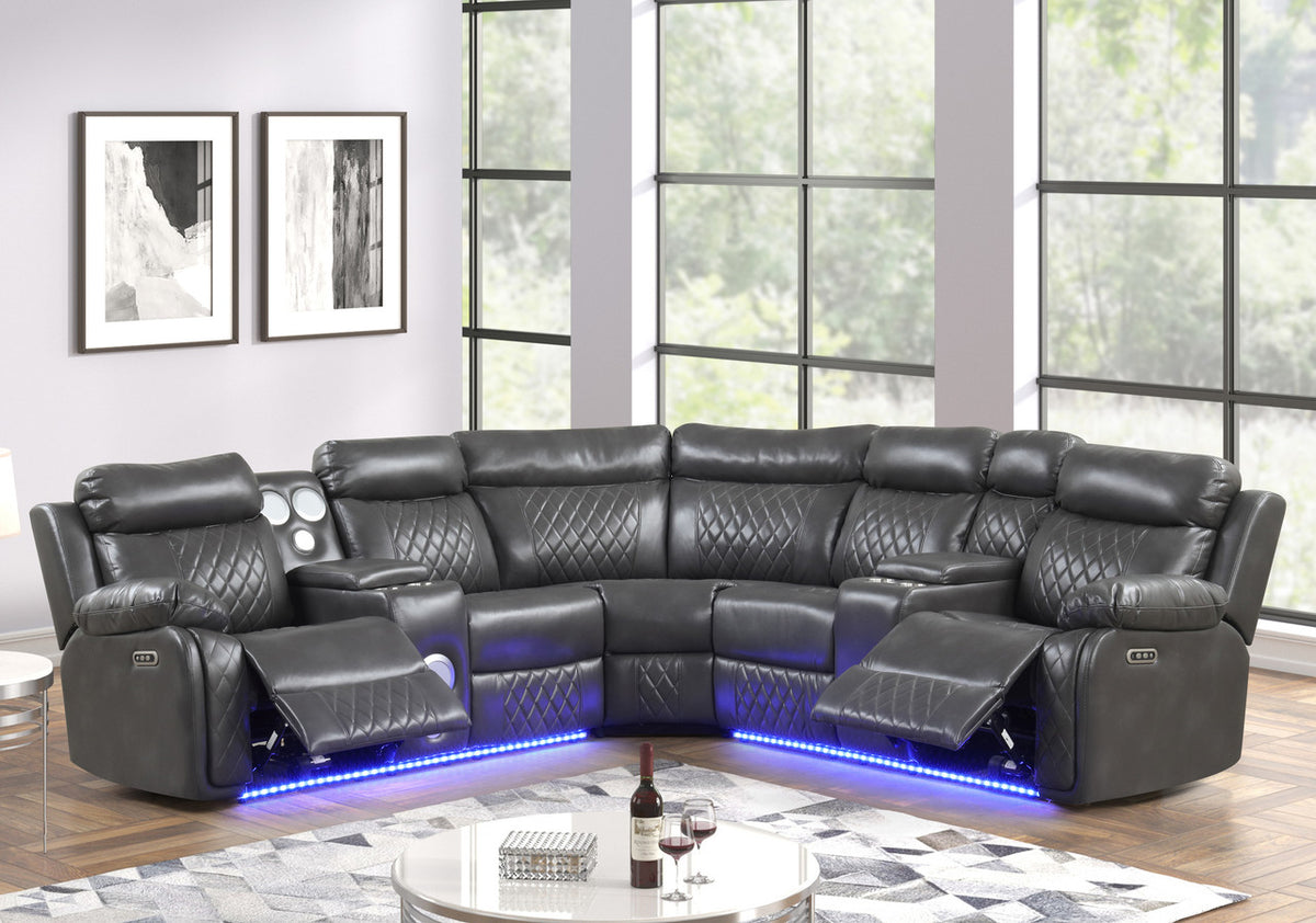BORGNE Gray 100" Wide Power Reclining Sectional with Speakers