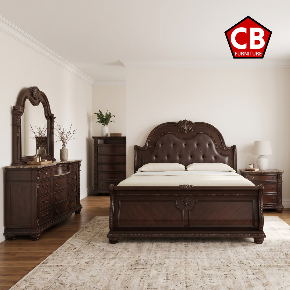 BOWEN Dark Cherry Bedroom Set with Marble Tops