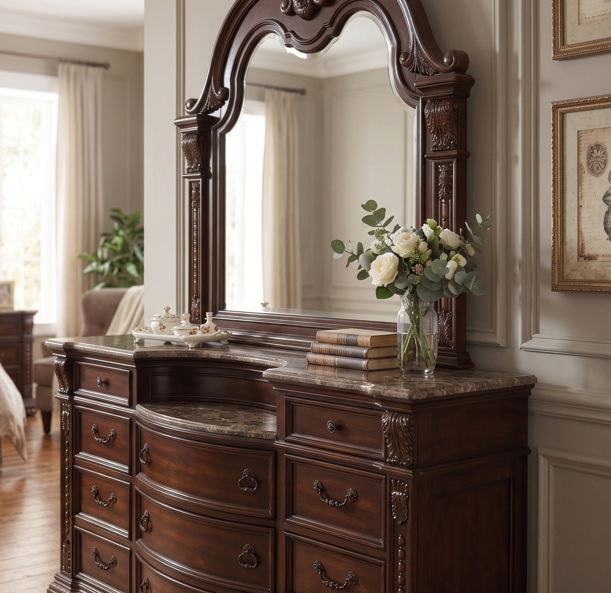 BOWEN Cherry Brown 69" x 91" Height Dresser & Mirror with Marble-Tops