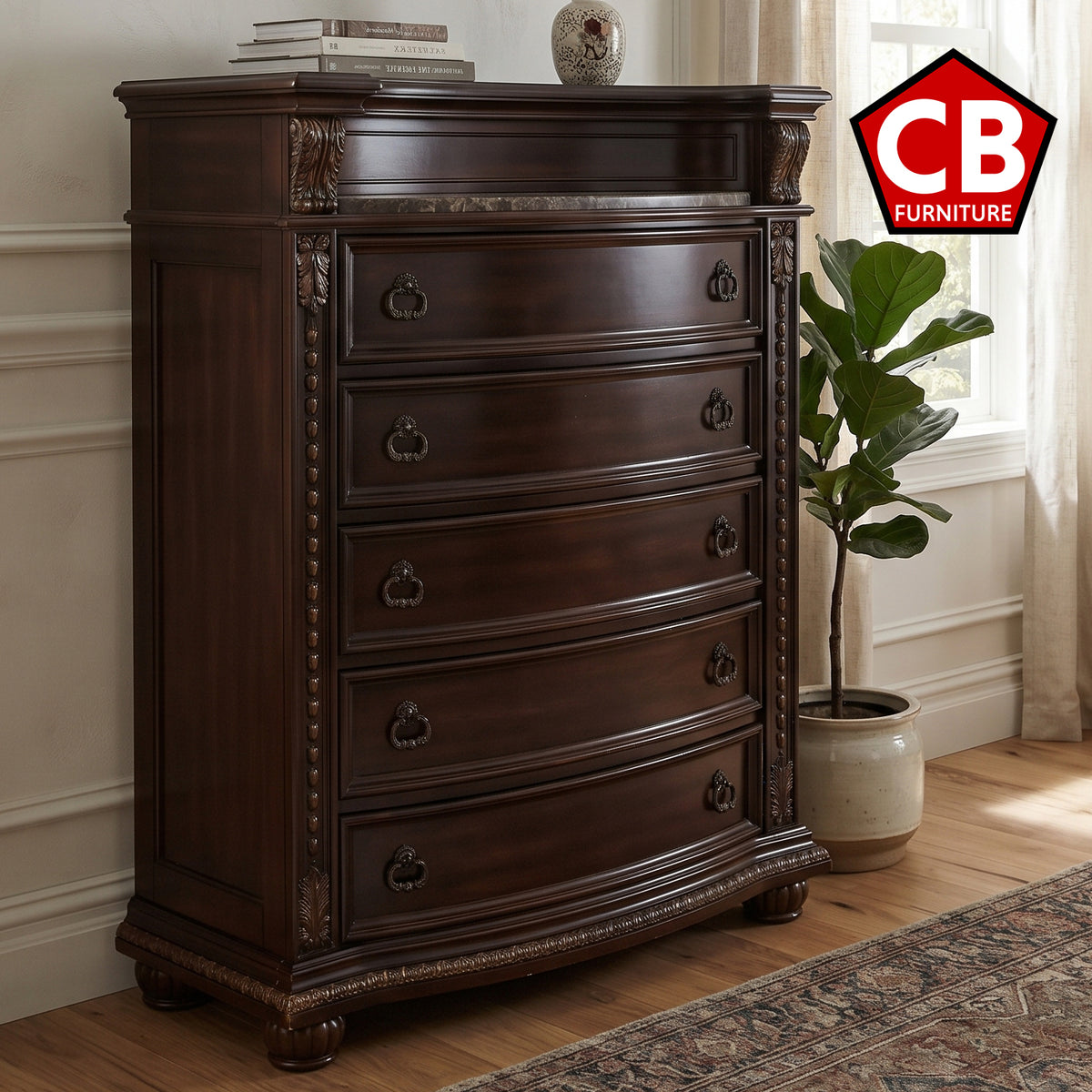 BOWEN Dark Cherry Bedroom Set with Marble Tops