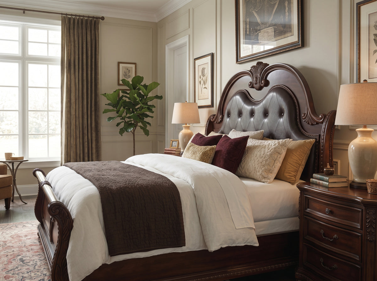 BOWEN Dark Cherry Bedroom Set with Marble Tops