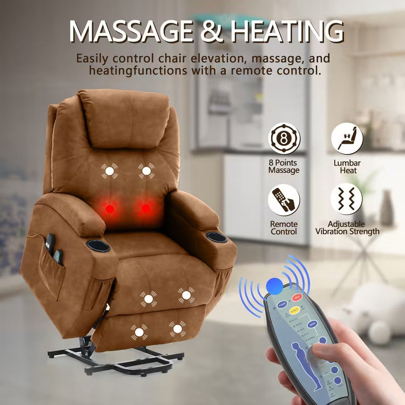BOYER Brown Microsuede 33" Wide x 43" Height Power-Lift Recliner | with Vibration-Massage, Heating and Cupholders