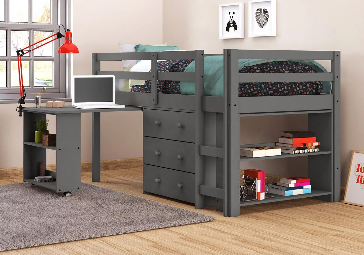 BRAD Gray Low Loft Platform Bed with Roll Out Desk and Storage