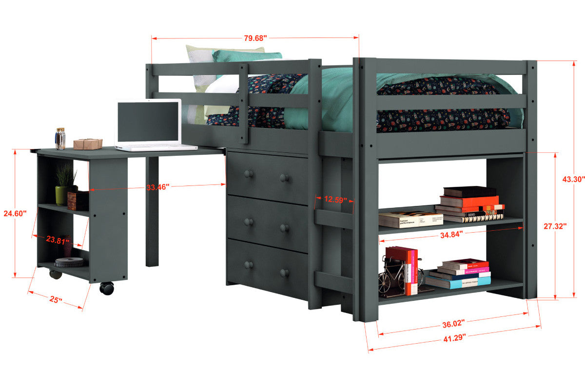 BRAD Gray Low Loft Platform Bed with Roll Out Desk and Storage