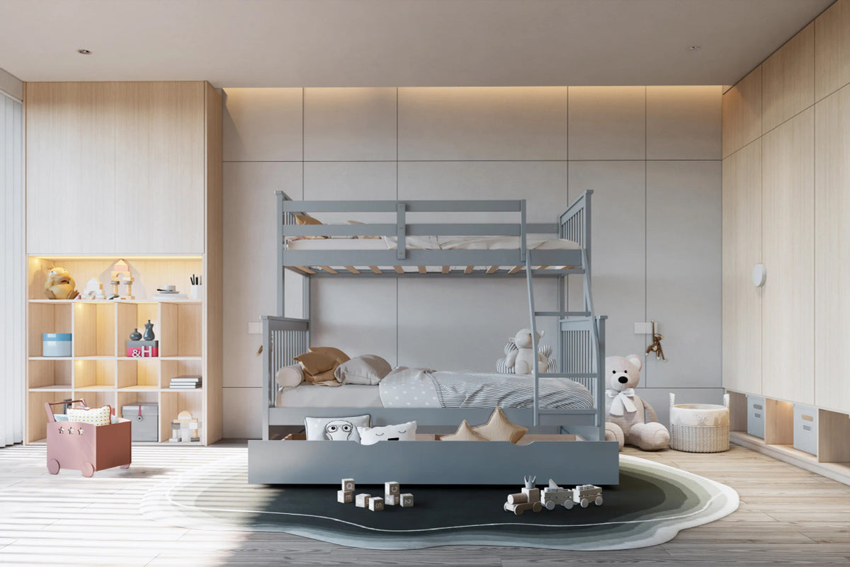 BRETT Gray Twin over Full Bunk Bed with Trundle/Sorage