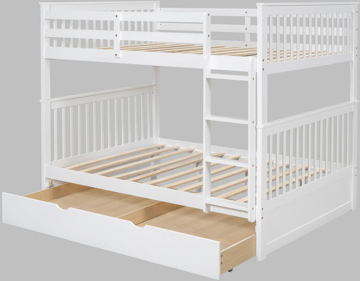 BRETT White Full over Full Bunk Bed with Trundle/Sorage