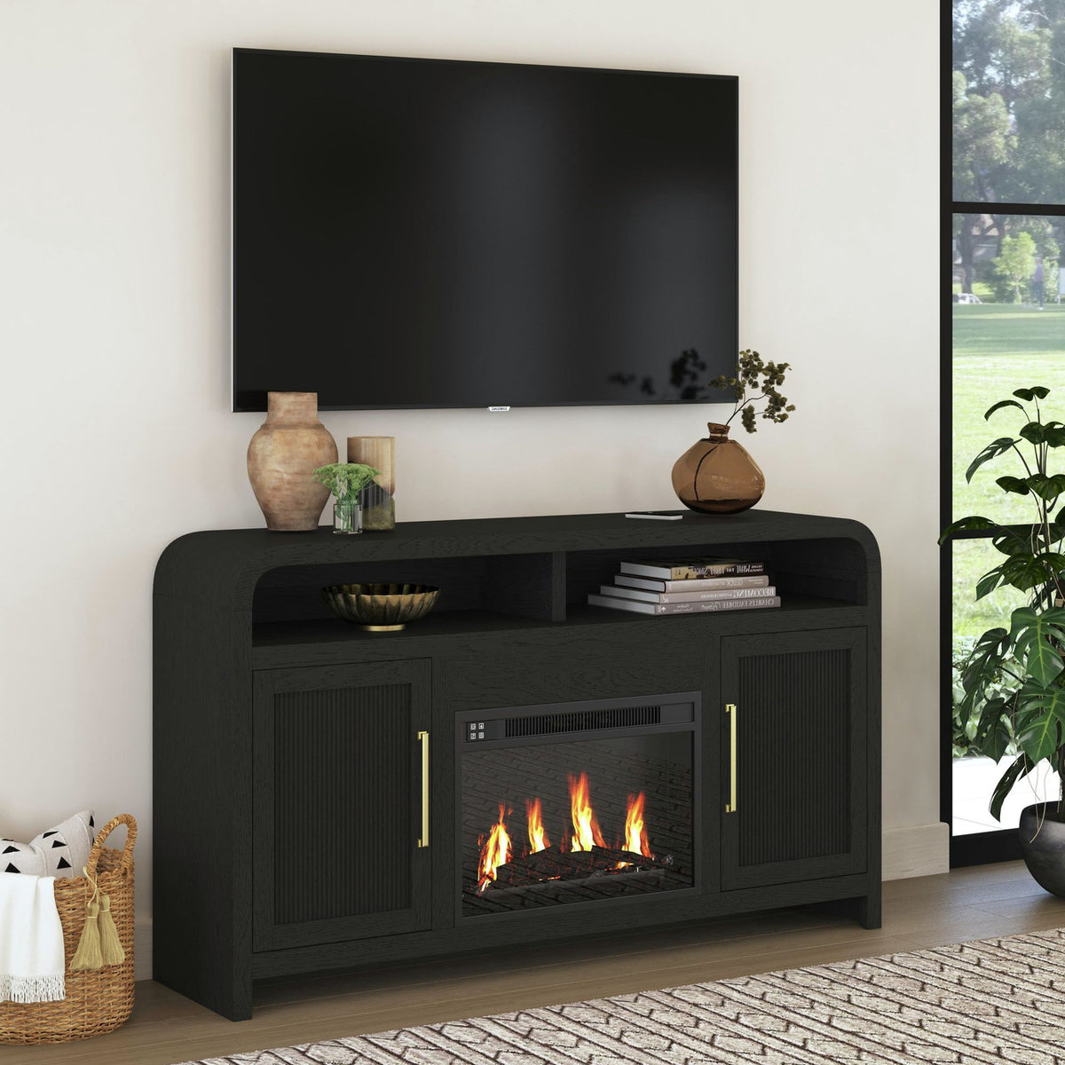 BRIAA Black 60" Wide x 33" Height TV Stand with Fireplace