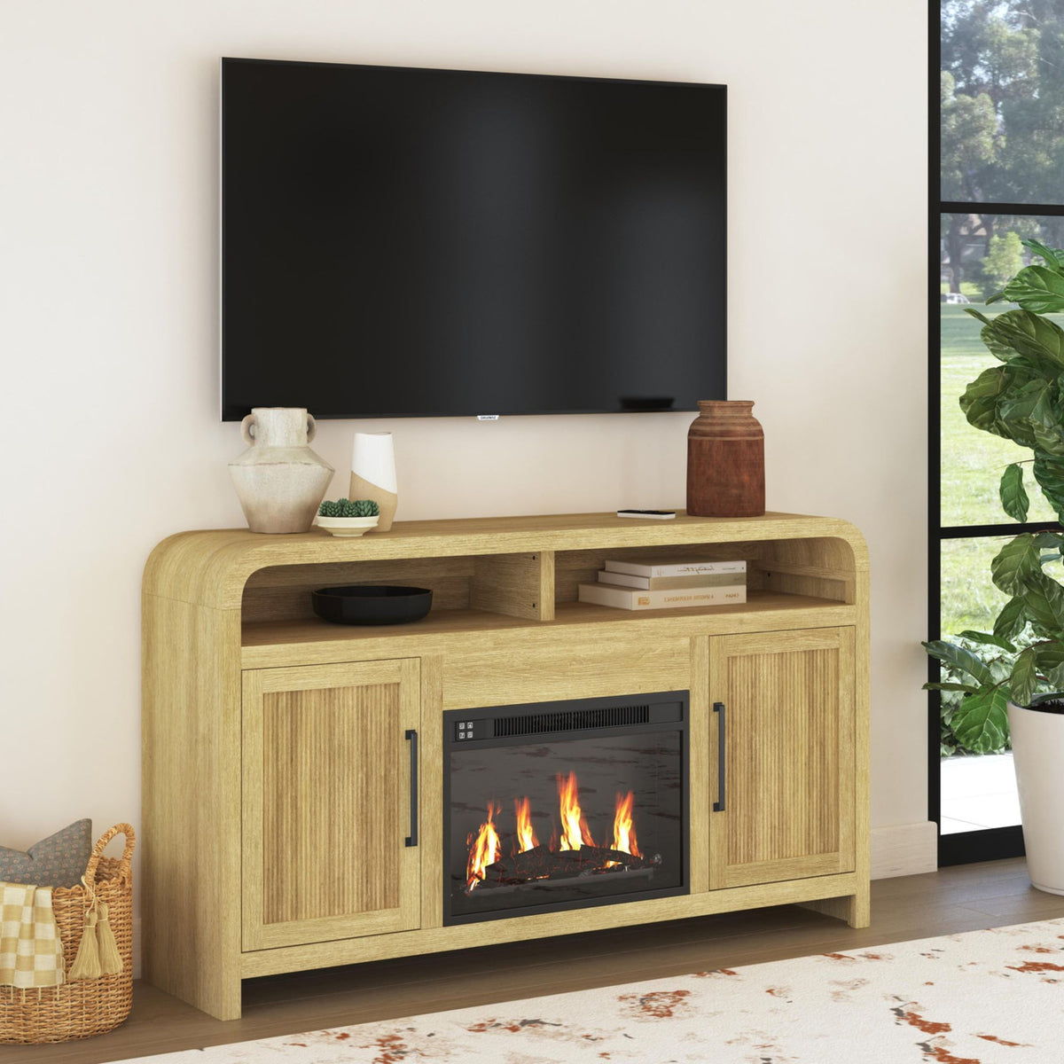 BRIAA Natural 60" Wide x 33" Height TV Stand with Fireplace