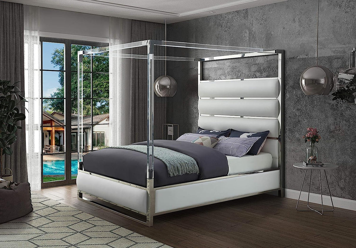 BRUNA White Leatherette & Acrylic Canopy Bed