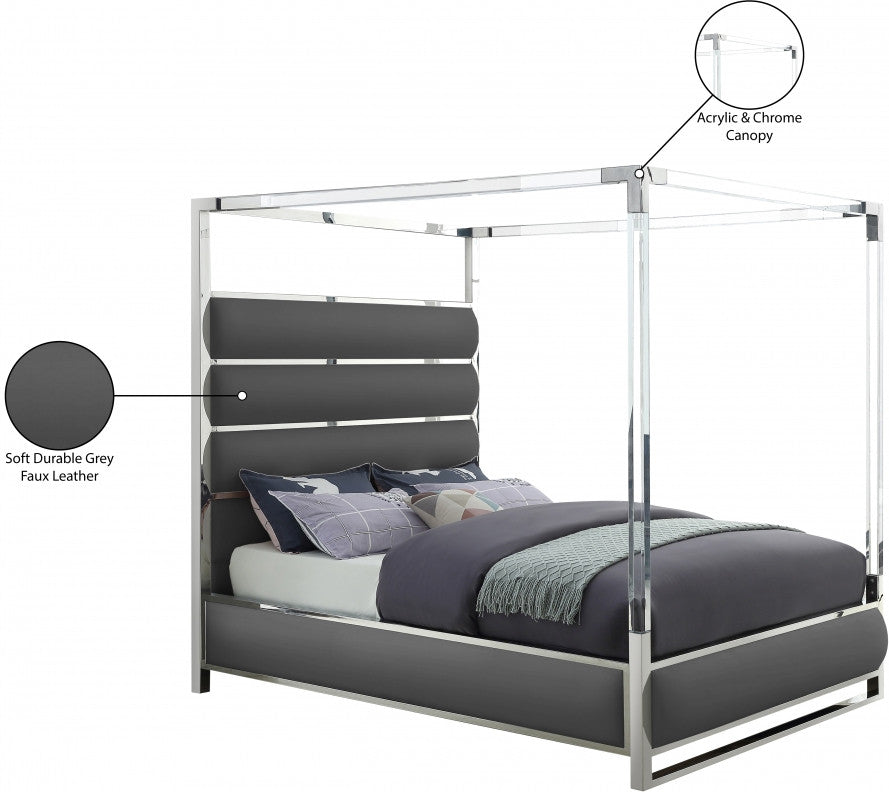 BRUNA Gray Leatherette & Acrylic Canopy Bed