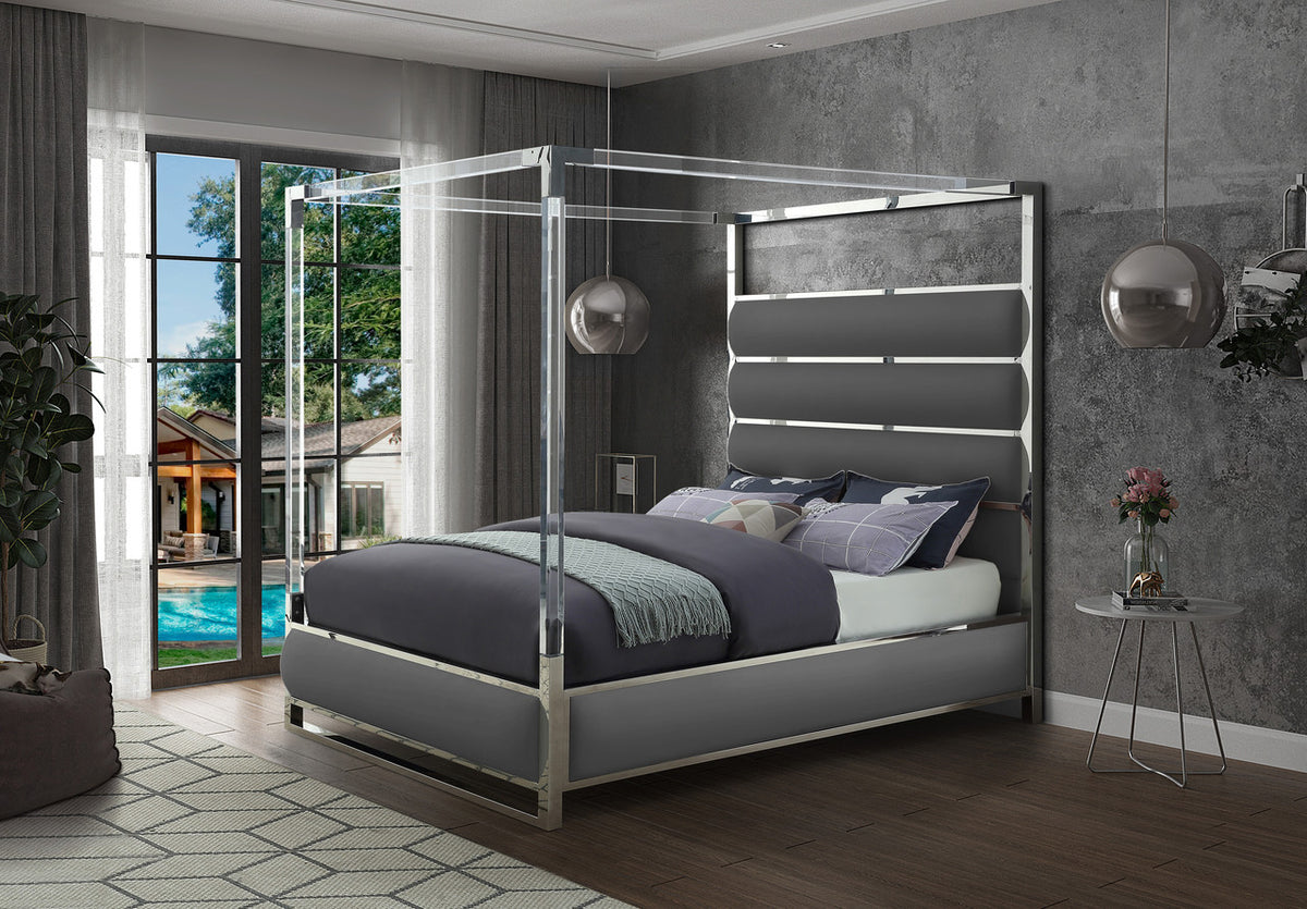 BRUNA Gray Leatherette & Acrylic Canopy Bed