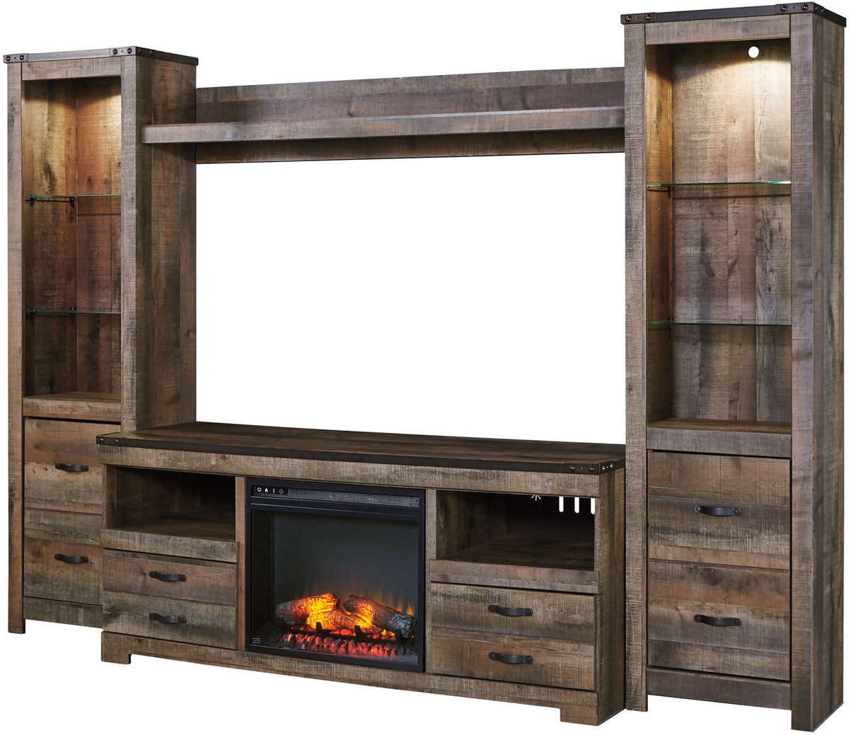 BENNI Rustic Brown 105" Wide 4 Piece Wall Unit With Fireplace