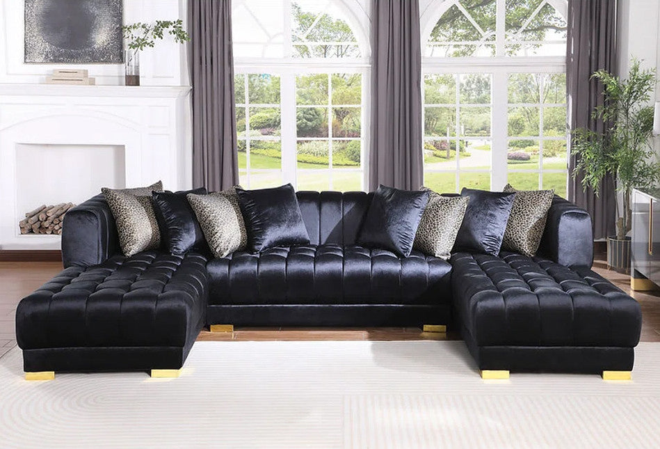CAPRERA Black Velvet 130" Wide Double Chaise Sectional
