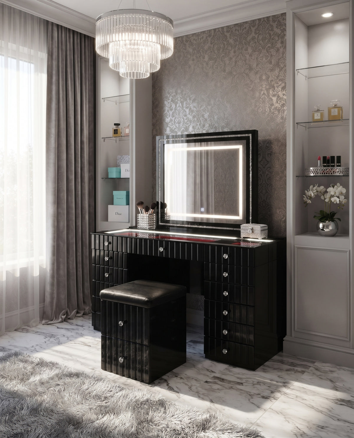 CASSIUS Glossy Black & Gold 57" Wide Vanity with Bluetooth Speakers