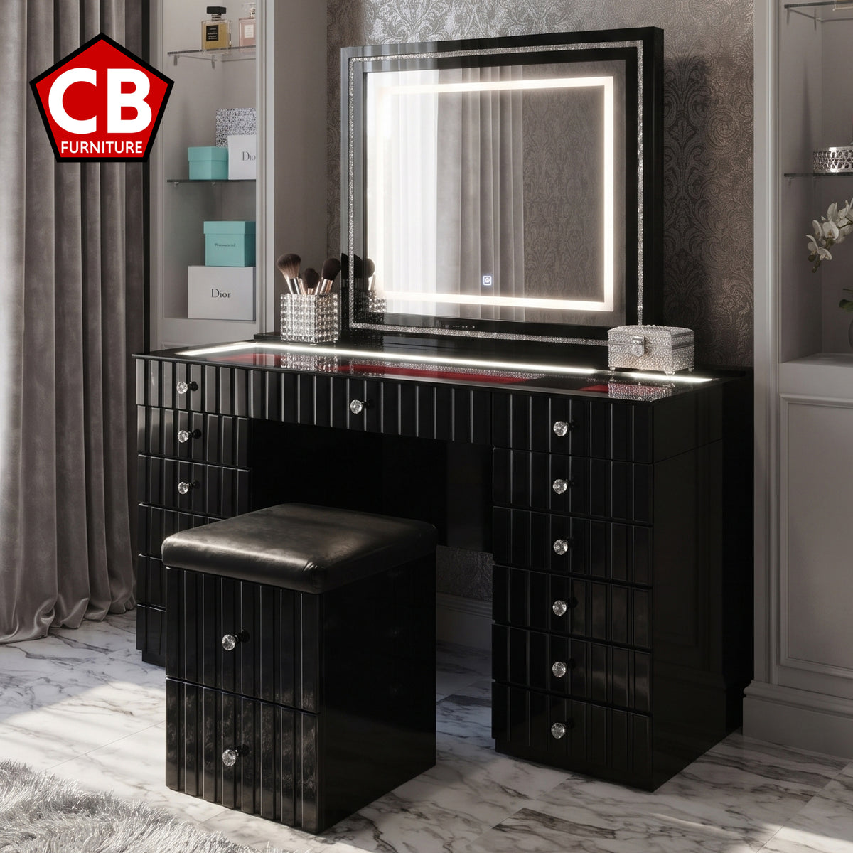 CASSIUS Glossy Black & Gold 57" Wide Vanity with Bluetooth Speakers