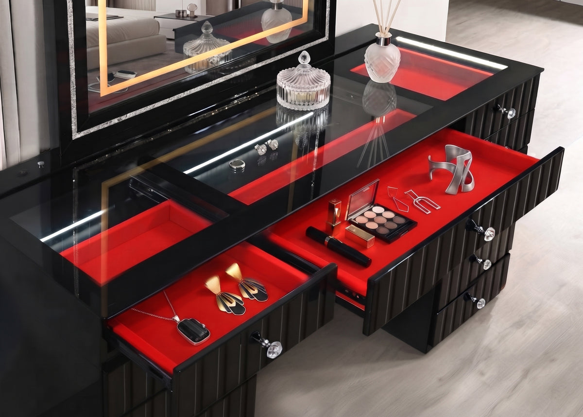 CASSIUS Glossy Black & Gold 57" Wide Vanity with Bluetooth Speakers