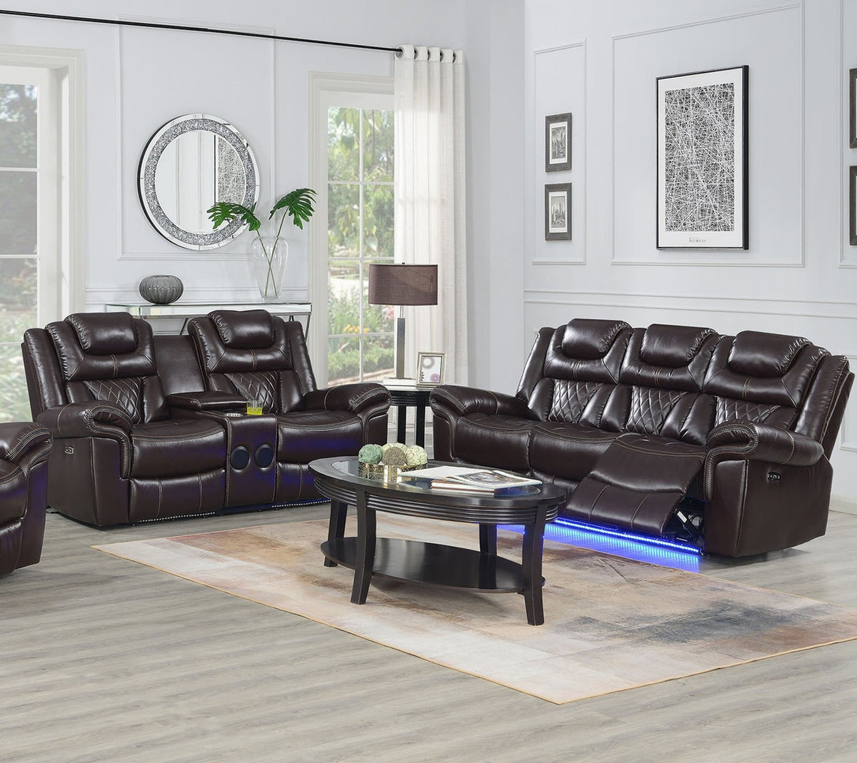 CENTENARY Brown 3 Piece Livingroom with Bluetooth Speakers & LED Lighting