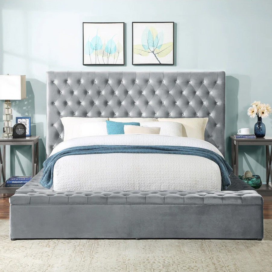 CERENE Gray Velvet 61" Height Platform Bed with Storage Benches