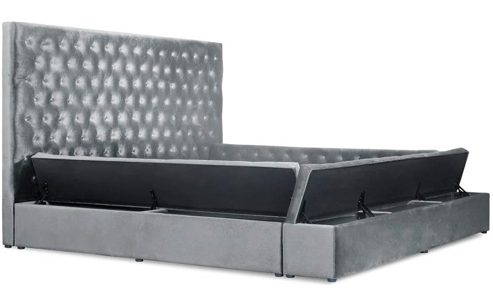 CERENE Gray Velvet 61" Height Platform Bed with Storage Benches