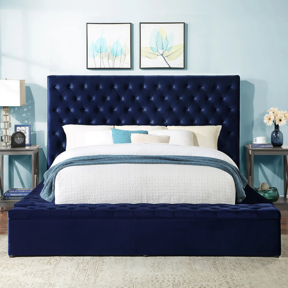 CERENE Blue Velvet 61" Height Platform Bed with Storage Benches
