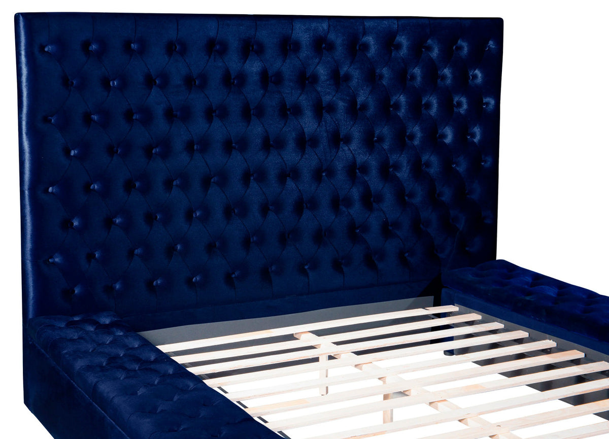 CERENE Blue Velvet 61" Height Platform Bed with Storage Benches